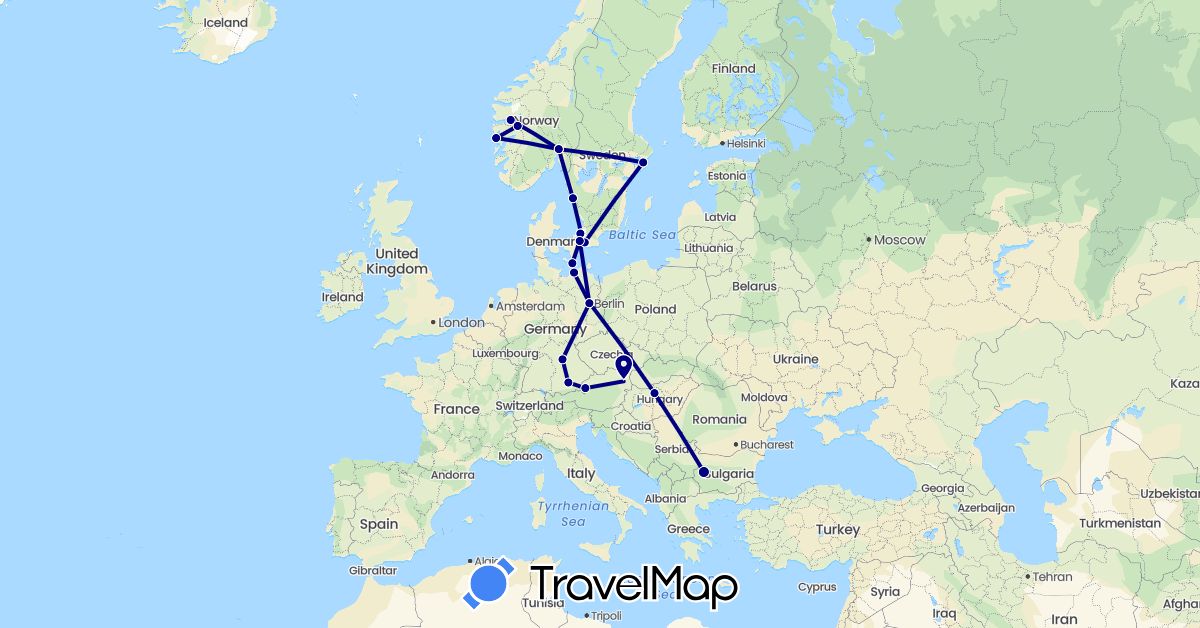 TravelMap itinerary: driving in Austria, Bulgaria, Germany, Denmark, Hungary, Norway, Sweden (Europe)